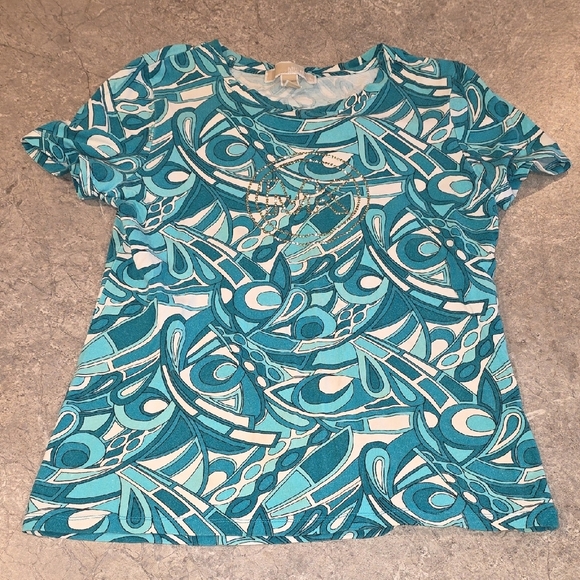 (J43) Michael Kors Blue Graphic Relaxed T-Shirt - Picture 1 of 5